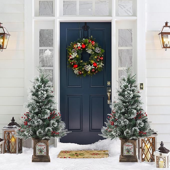 3 ft Prelit Premium Snow Flocked Artificial Christmas Tree with 8 Mode Warm White Led, Mini Prelit Xmas Pine Tree for Christmas Decoration,Yard,Home,Office,Outdoor,Indoor