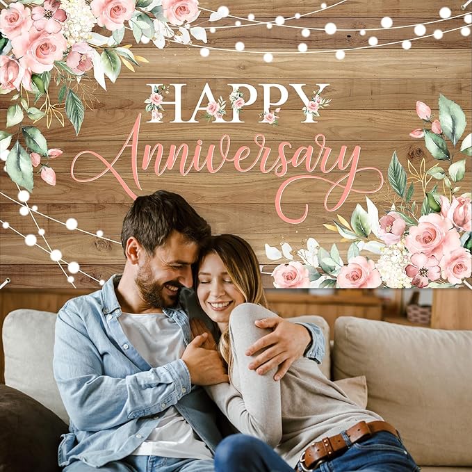 Avezano Happy Anniversary Backdrop Rustic Pink Floral Happy Anniversary Banner Wooden Cheers to Marriage Wedding Commemoration Day Party Decorations Banner 70.8 x 43.3 Inch