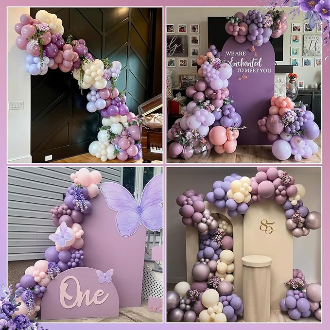 Dusty Purple Balloons Garland Arch Kit, Pink Purple Metallic Rose Gold Balloon, Lilac Retro Pink Sand White Balloon for Boho Baby Shower Bridal Wedding Birthday Mother's day Butterfly Party Decoration