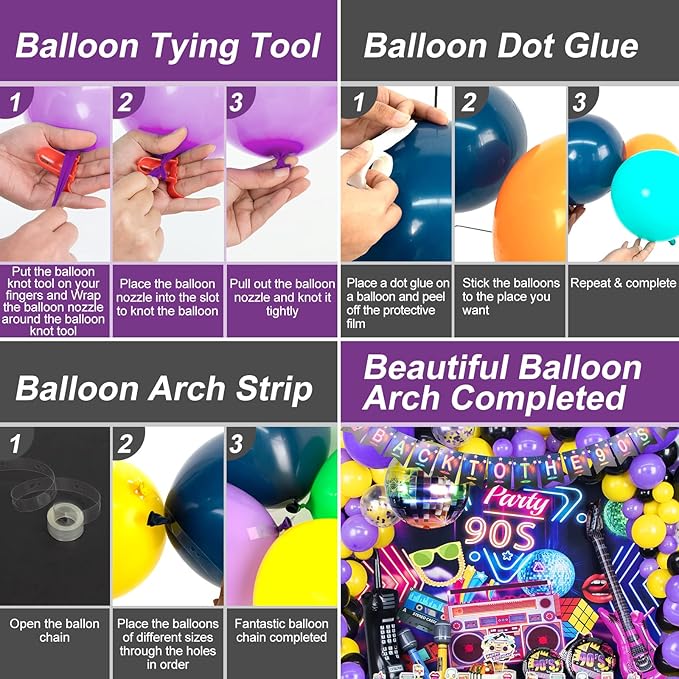 90s Party Decorations 80's 90's Theme Party Bundle includes Inflatable Gitar&Mobile Phone, Back To The 90's Banner, Tablecloth, Cake Toppers, Plates, Napkins, Hip-Hop Backdrop