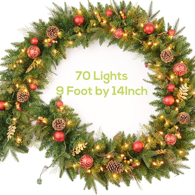 9FT Red Gold Christmas Garland Prelit with 70 Lights Plug in,Decor for Fireplace Stairs Mantle Door Indoor Outdoor