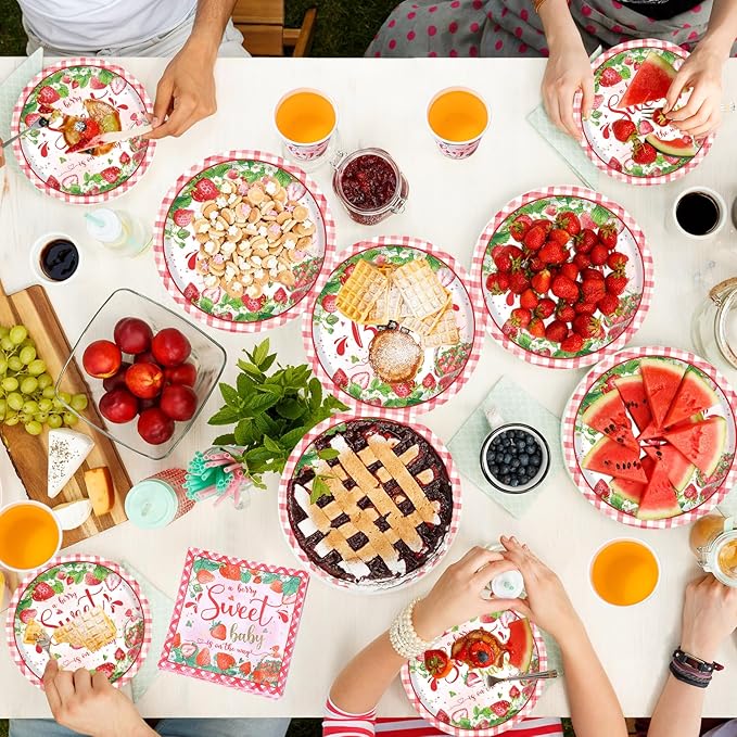 250 Pcs Strawberry Baby Shower Party Supplies for Girls Strawberry Paper Plates Napkins and Cups Party Tableware Set A Berry Sweet Baby Is on The Way Berry Shortcake Decorations, Serves 50