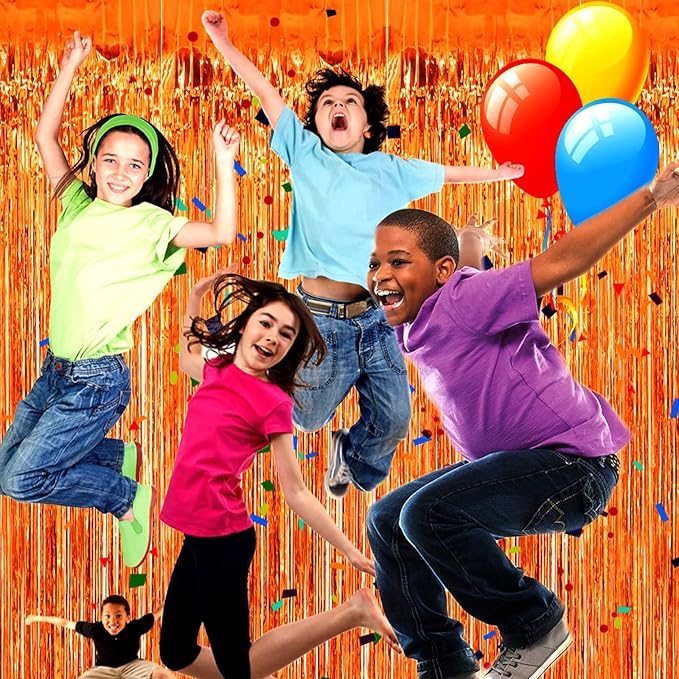 4 Pack Orange Foil Fringe Curtain Backdrop, 3.28Ftx8.2Ft Metallic Tinsel Foil Fringe Streamers Curtains for Party, Photo Booth Props, Birthday, 2022 Mother's Day Decoration Supplies