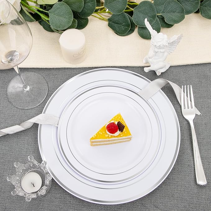 FLOWERCAT 60PCS Silver Plastic Plates - Heavy Duty White and Silver Plastic Plates Disposable - Include 30PCS 10.25inch Dinner Plates and 30PCS 7.5inch Dessert Plates for Wedding&New Year&Christmas