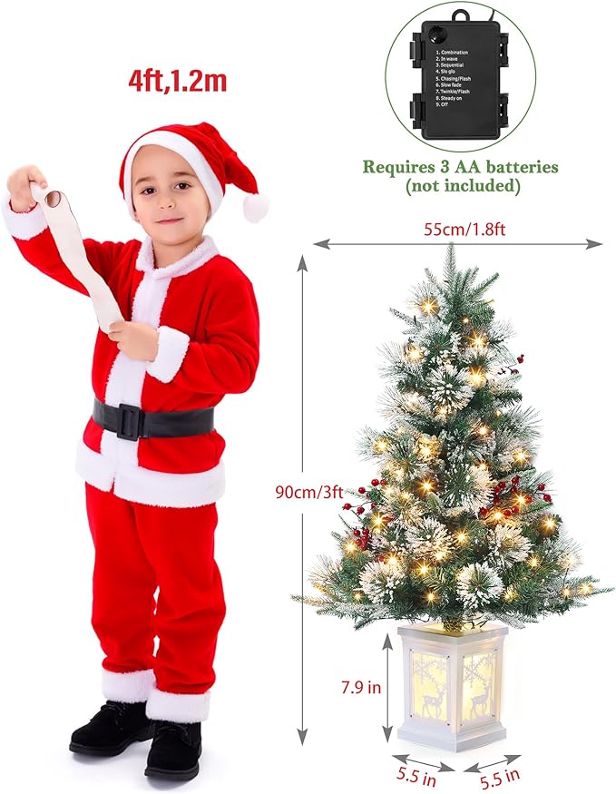 3 ft Mini Christmas Tree with Premium 78 Warm White Led, 8 Mode Xmas Pine Tree for Christmas Decoration, Party Decoration, Home, Office, Snow Flocked White Moose Base 1 Pack