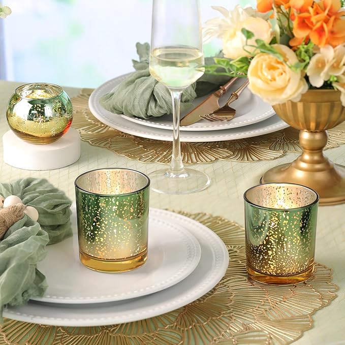 Volens 30pcs Assorted Green Votive Candle Holders Bulk, Large Mercury Glass Votive for Wedding Table Centerpieces, Green and Gold Themed Party Decorations and Home Decor