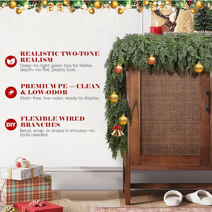 9FT Thick Christmas Garland with 240 Cedar Branches, Real Touch Green Cedar Garland for Christmas Decorations, Artificial Greenery Garland for Table, Mantle, Wall, Indoor, Outdoor Holiday Decor