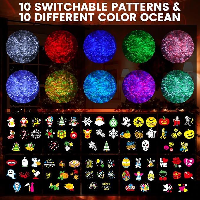 Christmas Halloween Projector Lights Outdoor，LED Projector Lights,2-in-1 Dual Projection System with 10 Slides，15W Brighter HD Ocean Wave Effect,Waterproof for Indoor/Outdoor Decor, Home Party.