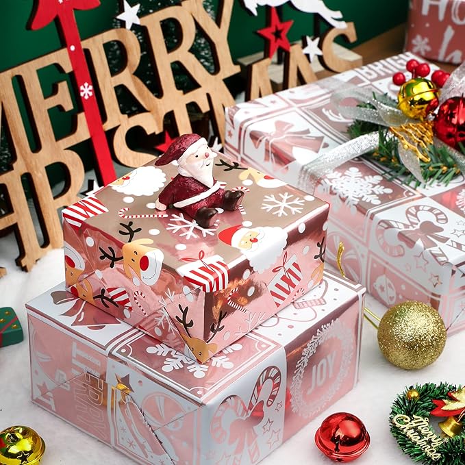WRAPAHOLIC 30 Inch Christmas Wrapping Paper Roll - Jumbo Roll Rose Gold Santa, Snowflakes and Reindeer Holiday Collection with Metallic Foil Shine - 4 Rolls - 30 Inch x 120 Inch Per Roll