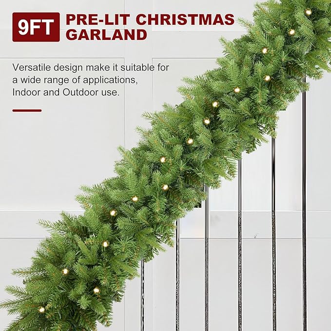 9FT Pre-Lit Artificial Christmas Garland with 50 LED Light Battery Operated, Holiday Decorations with 300 Tip Branch, for Indoor Door Home Stairs Fireplaces Wall