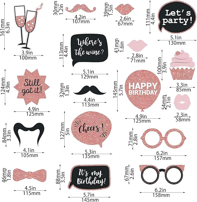 Party Birthday Photo Booth Props, 30Pcs Set of Happy Birthday Selfie Party Supplies with Real Glitter Cute Bday Designs for Women or Girls,Easy to Assemble(Rose Gold)