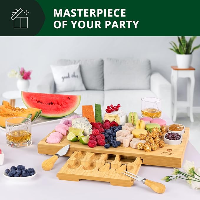 ROYAL CRAFT WOOD Bamboo Cheese Board and Knife Set with Charcuterie Board & Serving Tray with 4 Stainless Steel Knife & Thick Wooden Server with Bowls and Serveware Accessories