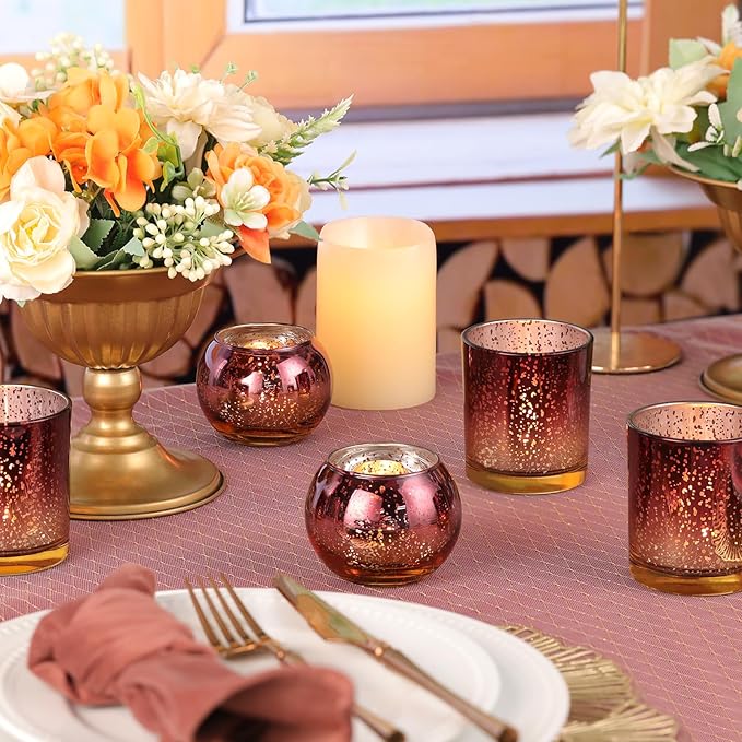 Volens 30pcs Assorted Burgundy Votive Candle Holders Bulk, Large Mercury Glass Votive for Wedding Table Centerpieces, Burgundy and Gold Themed Party Decorations and Home Decor