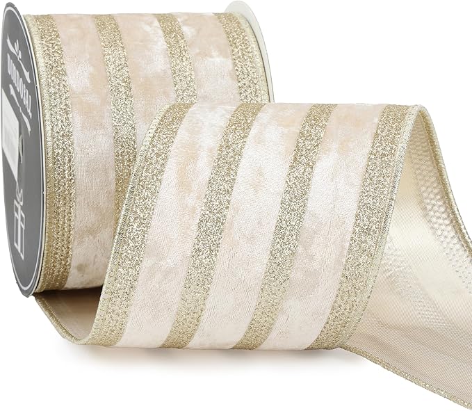 Champagne Velvet Wired Ribbon with Glitter Stripe 4 Inch Extra Wide Crushed Velvet Christmas Ribbon, 10 Yards for Gift Wrapping, Crafts, Tree Decorations, Wreaths, Garlands