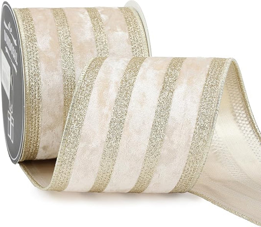 Champagne Velvet Wired Ribbon with Glitter Stripe 4 Inch Extra Wide Crushed Velvet Christmas Ribbon, 10 Yards for Gift Wrapping, Crafts, Tree Decorations, Wreaths, Garlands