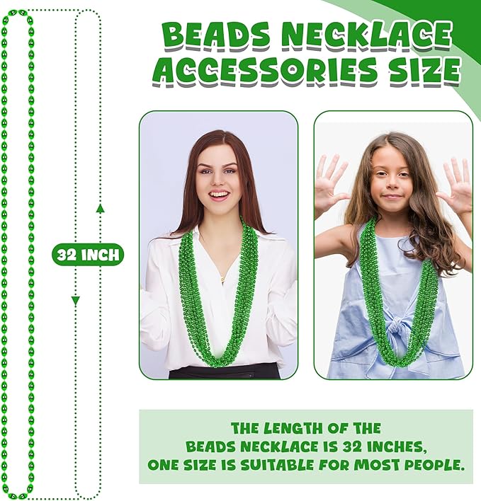 24PCS Oval Green Necklace, St Patricks Day Beaded Necklace Metallic Bead Green Accessories, Mardi Gras Beads Costume for Parade Throw Accessories Wedding Birthday St. Patricks Christmas Decorations
