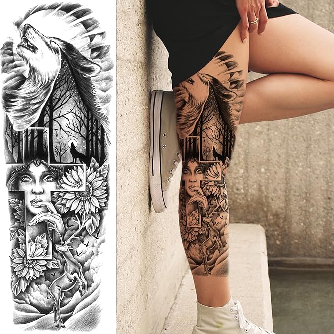 Flower Forest Temporary Tattoo Sleeve for Women Leg, 4-Sheet Full Arm Realistic Tiger Wolf Floral Fake Tattoo Sleeve Adult Girl and 4-Sheet Large Black Half Temp Tatoo Sticker Thigh Makeup Body Art