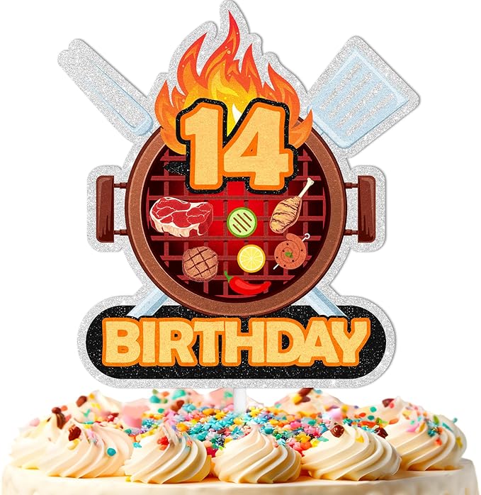 Barbecue Cake Topper Teen BBQ Theme 14th Birthday Happy Sausage Kebab Decoration, Boy and Girl Birthday Party, Summer Outdoor Picnic Party, Anniversary Friend Family Gathering Cooking Grill Decoration