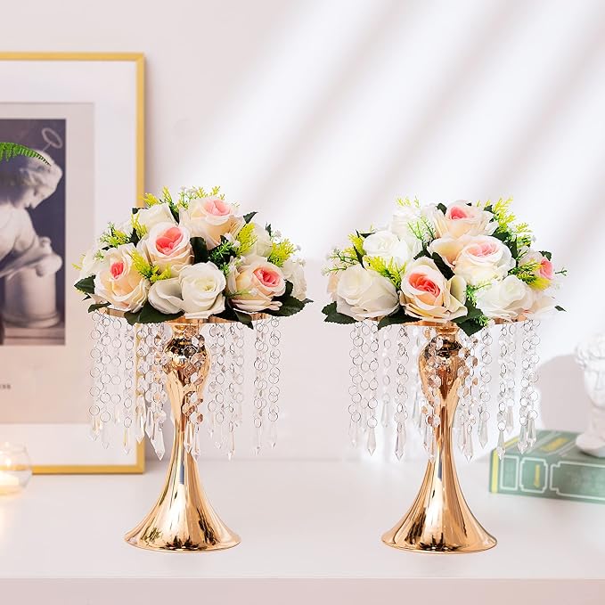 Gold Vases for Centerpieces, 10.2in Crystal Flower Arrangement Stand, Wedding Centerpieces for Tables, Tall Metal Flower Vase Holders for Wedding, Event, Reception, Birthday, Home Decor, 2 Pcs