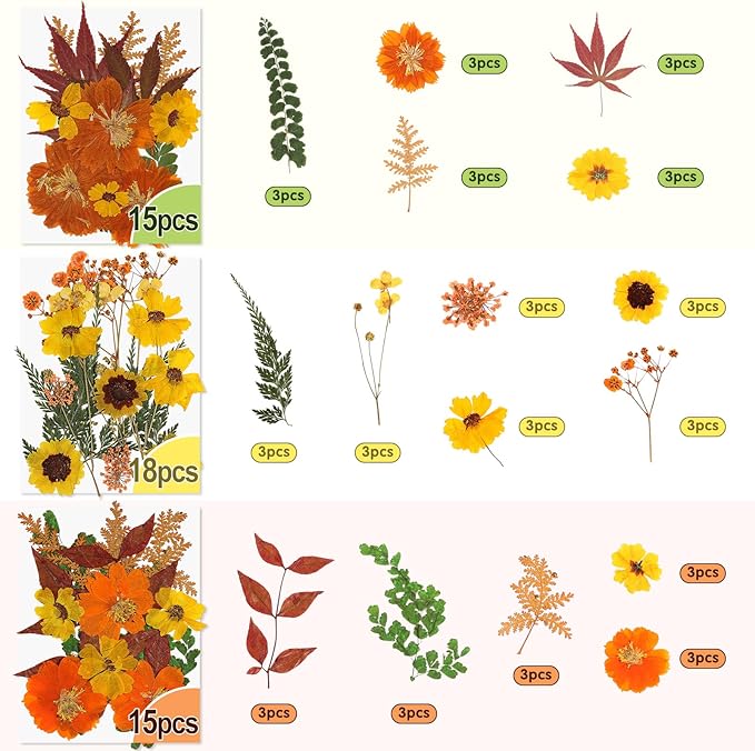 Real Dried Pressed Flowers for Crafts, 100+ PCS Fall Dried Flowers Leaves Nature Flowers Florals Set with Tweezer for Resin Jewelry Making Thanksgiving DIY Candle Scrapbooking Gift (Orange, Yellow)