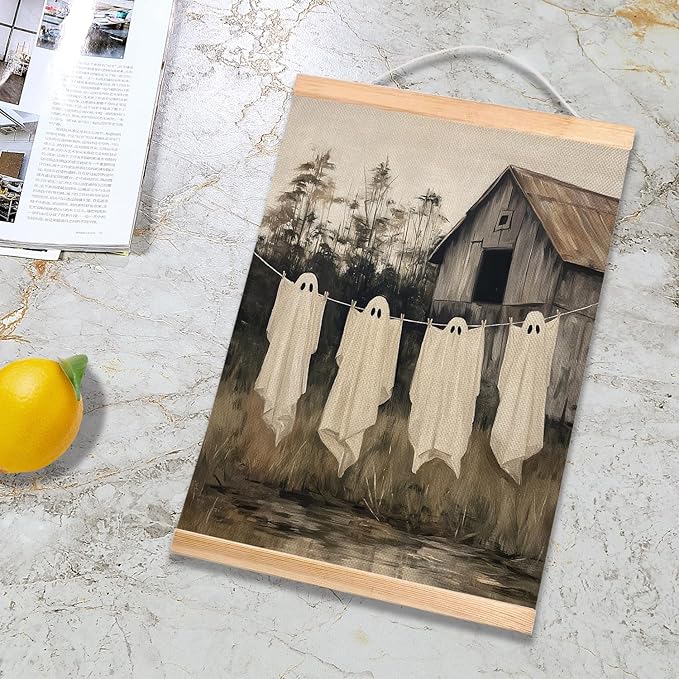 Rustic Halloween Ghost Linen Canvas Wall Art 18.5x14 Inch, Vintage Farmhouse Barn Wall Hanging Poster, Spooky Fall Decor, Retro Gothic Haunted House Theme Wall Poster for Living Room Bedroom (BLK08)