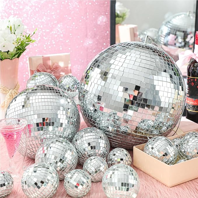 Hoolerry 65 Pcs Disco Balls Ornaments Reflective Hanging Disco Ball Decorations with Hook Assorted Silver Ball for Mardi Gras 70s Disco Themed Wedding Bachelorette Party(8/4/ 3.2/2.4/1.6/0.8 in)