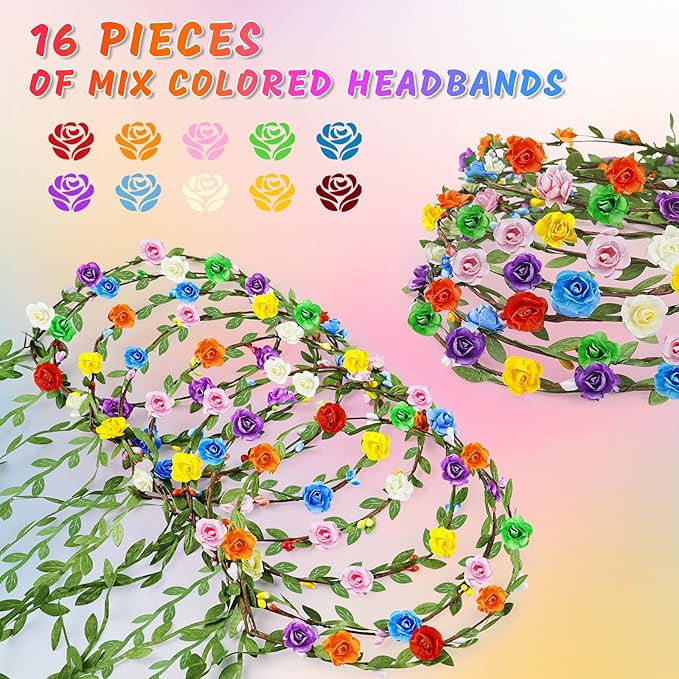 Assorted Colored Flower Crown, Wreath Headband Floral Headpiece Party Festivals, Garland Multicolor Headbands