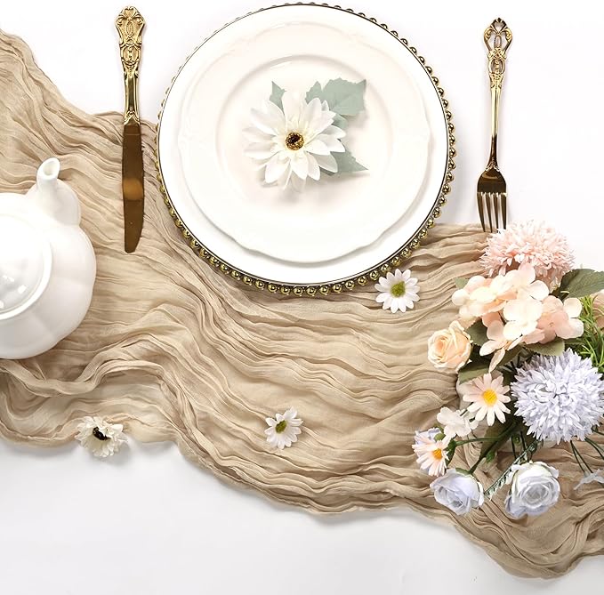 12 Pack Beige Cheesecloth Table Runner 10FT Boho Cheese Cloths Gauze Fabric Table Runners 120 Inch Rustic for Fall Thanksgiving Wedding Birthday Party Baby Shower Home Decorations