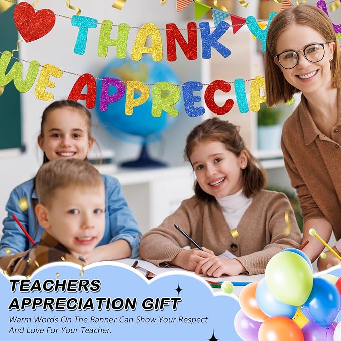 Fulmoon Pre Strung Thank You We Appreciate You Glitter Banner Funny Appreciation Banner for Employee Coworker Staff Teacher Thank Sign Party Decorations(Colorful)