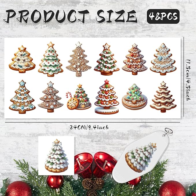 UV DTF Keychain Sticker,48 Sheets Gingerbread Christmas Tree Personalized Transfer Stickers, Suitable for School Teacher, Hotel Keychains