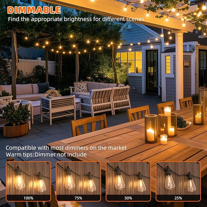 Kawaya Outdoor Lights String LED Patio Lights: 150FT Waterproof Commercial Grade Vintage String Lights for Outside - 72+3 Shatterproof ST38 Edison Bulbs for Porch Bistro Backyard Cafe (75FTx2)
