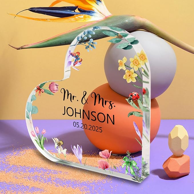 Custom Wedding Heart Acrylic Plaque,Mr & Mrs Cake Topper,Personalized Wedding Keepsake/Gift/Sign (Style 22)