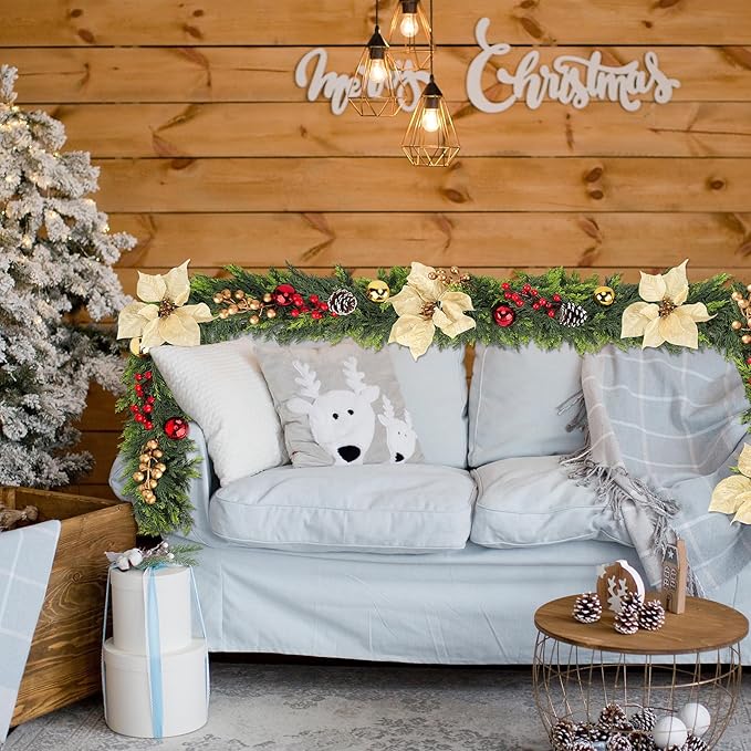 6FT Christmas Cedar Garland for Mantle, 1PCS Realistic Christmas Pine Garland with Flowers Berries Pinecones Balls, Artificial Real Touch Soft Cedar Garlands for Winter Indoor Outdoor Xmas Decoration