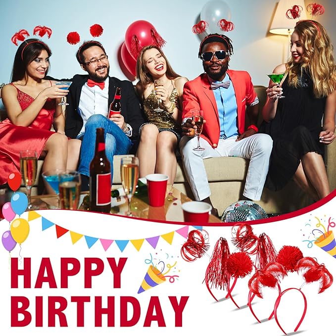 Censen 12 Pcs Christmas Pom Pom Headbands Spirit Party Headwear Tinsel Ponytails Head Bopper for Birthday Holiday