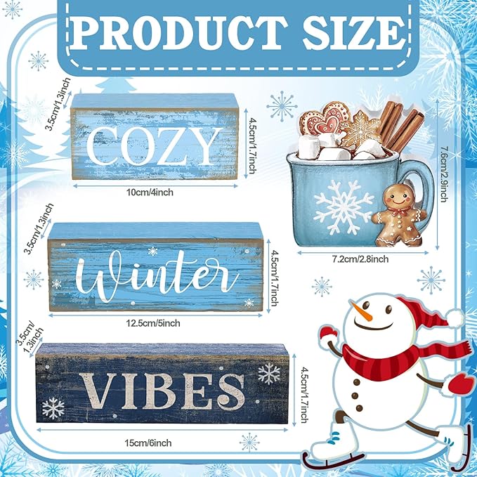 4 Pcs Christmas Table Decoration Wooden Hot Cocoa Decor Winter Tiered Tray Decor Christmas Centerpiece Rustic Decorative Hot Cocoa Block Sign Farmhouse Winter Decoration for Home Kitchen