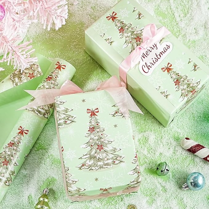 WRAPAHOLIC Reversible Christmas Wrapping Paper - Mini Roll - 17 Inch x 33 Feet - Light Green Christmas Tree Wrapping Paper for Xmas Holiday, Party Celebration