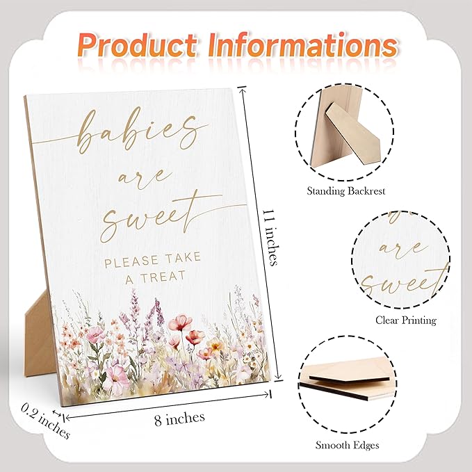 Boho Floral Babies are Sweet Please Take a Treat Sign, Gender Reveal Party Tabletop Decor, Wooden Sign with Back Stand for Baby Shower and Newborn Announcement Party Favors Supplies, 18