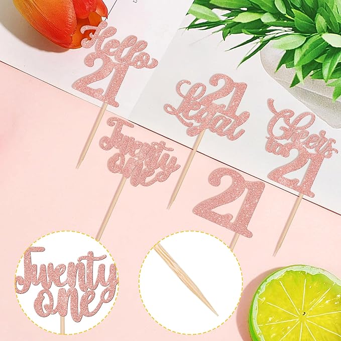 30PCS Happy 21st Birthday Cupcake Toppers Glitter Twenty One Legal 21 Hello 21 Cupcake Picks Cheers to 21 Birthday Decorations for 21st Birthday Anniversary Party Cake Decoration Supplies Rose Gold