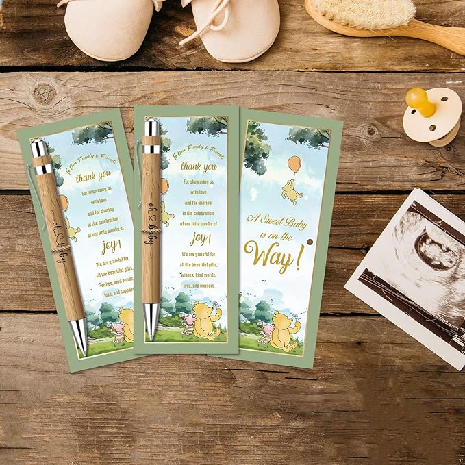 30 Pcs Winnie Baby Shower Gifts, Baby Shower Favors for 30 Guest, Baby Shower Sets, Included Bamboo Pens Greeting Cards, Gender Reveal Souvenirs Prizes, Winnie Baby Shower Decor