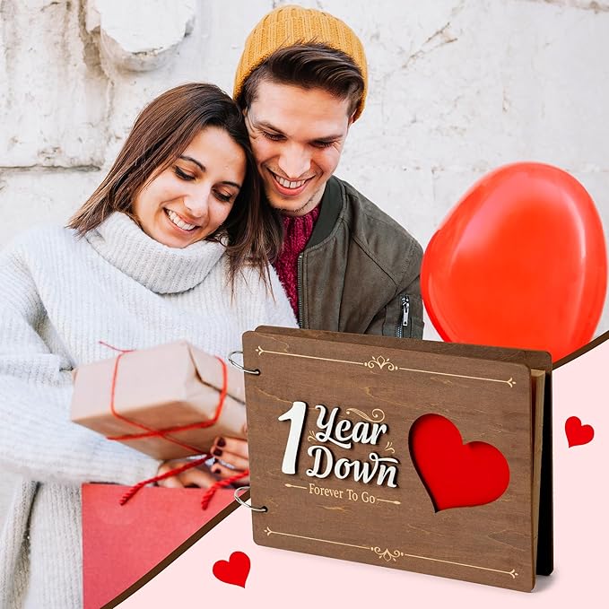 CY2SIDE One Year Anniversary Couple Gifts - 111PCS 1st Down Photo Wooden Album Scrapbook Craft Kit Included Wood Cover Heart Puzzle Brown Paper Sticker Marker Template for DIY Anniversary Dating Gifts