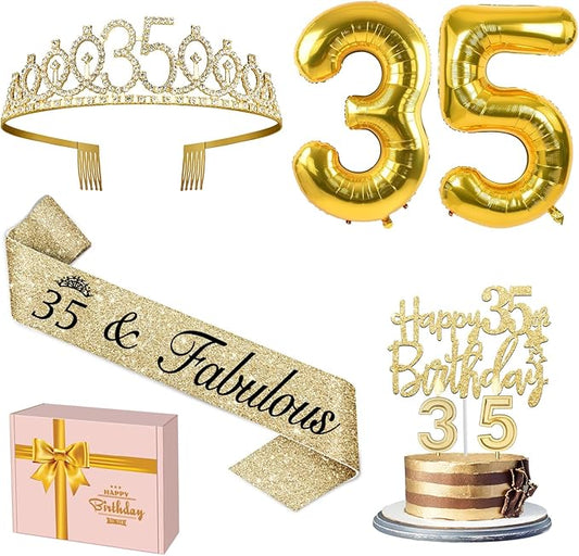 35th Birthday Decorations for Women Gold with 35th Birthday Sash and Tiara, Cake Topper and Candles, Number Balloons, 35 Year Old Gifts for Women