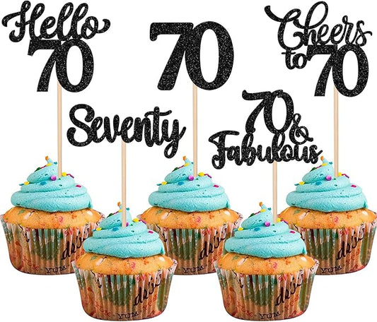 30PCS Happy 70th Birthday Cupcake Toppers Glitter Hello 70 Fabulous Seventy Cheers to 70 Years Old Birthday Cupcake Picks for Happy 70th Birthday Anniversary Party Cake Decorations Supplies Black