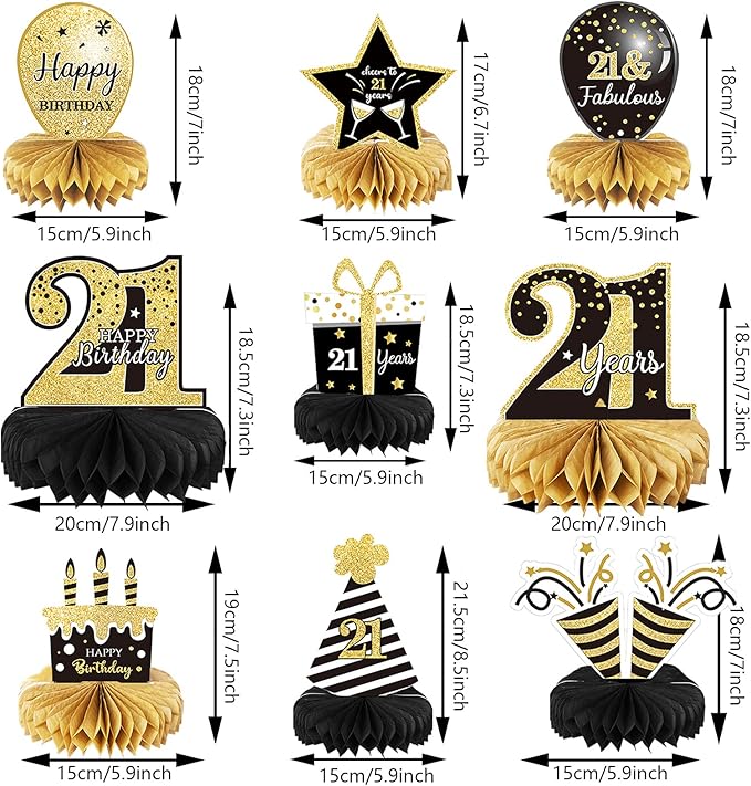 9 Pieces 21st Birthday Decoration 21 st Birthday Centerpieces for Tables Decorations Cheers to 21 Years Honeycomb Table Topper for Men and Women 21 Years Party Decor Supplies