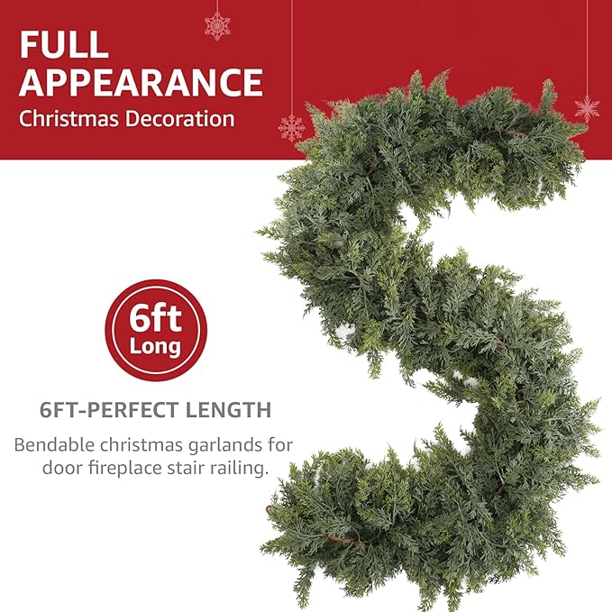 Cedar Christmas Garland with Lights for Mantle - Decorations 6 ft Realistic Lighted Faux Pine Garlands for Xmas Home Decoration Indoor Stairs Railing Fireplace Outdoor 6ft Prelit Garland Door Decor