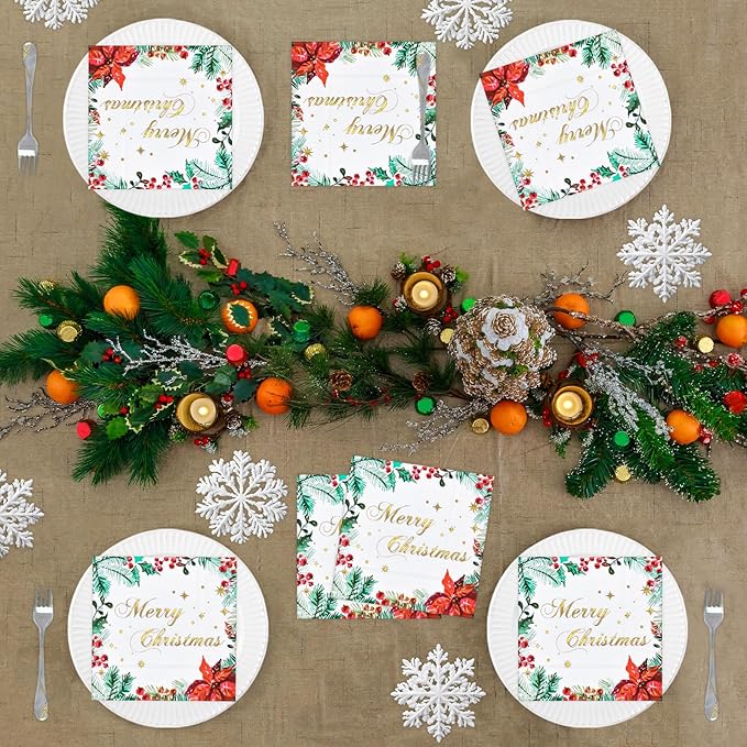 Christmas Party Paper Napkins Poinsettia Watercolor Napkins 80 Pieces Gold Foil Disposable Paper Luncheon Napkins Xmas Party Table Decorations
