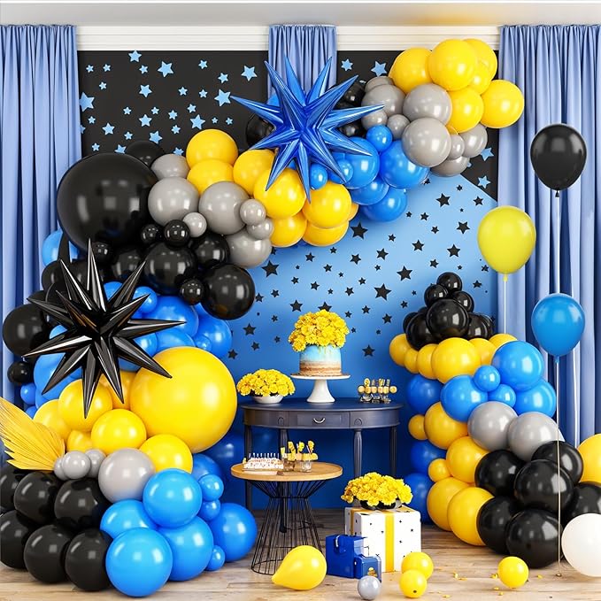 Blue Yellow Black Balloon Arch Kit,Royal Blue Grey Balloon Garland with Star Foil Balloons for Boys Birthday Graduation Decorations