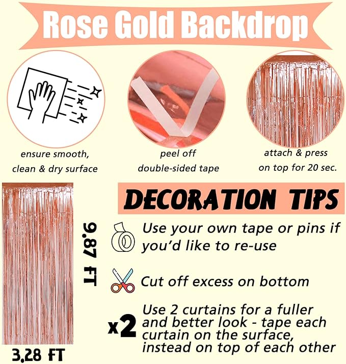 4 Pack Rose Gold Fringe Curtain Backdrop, 3.2Ft x 9.8Ft Metallic Tinsel Foil Fringe Streamers Background for Photo Booth Birthday Wedding Baby Shower Carnival Easter Mother’s Day Party Decorations