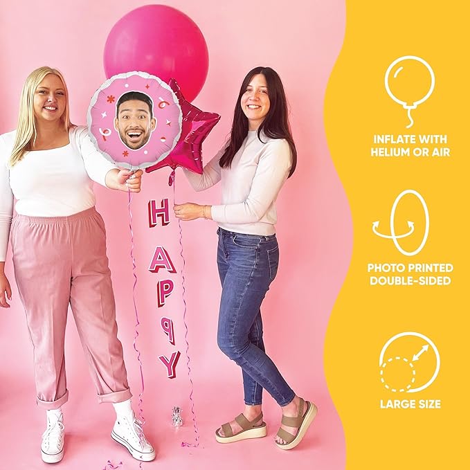 Big Dot of Happiness Personalized Fun Face Photo Pink Balloons, Custom Birthday Balloons, Girl Baby Shower Decorations, Bachelorette Party Decor, Circle Double-Sided Mylar Balloon, 1 Piece