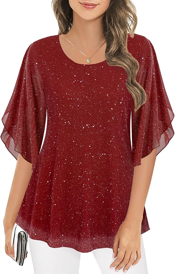 Ninedaily Women's Tops 3/4 Sleeve Blouses Dressy Casual Double Layers Mesh Tunic Shirts