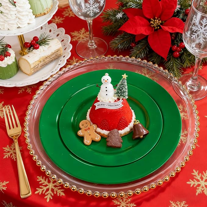 MENDENG 50PCS Green Plastic Plates for Party, 25x10.25 Dinner Plates & 25x7.5 Dessert Plates, Heavy Duty Disposable Plastic Plates for Party Birthday Christmas